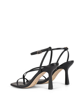 Women's black leather strappy thong heels with stiletto heel