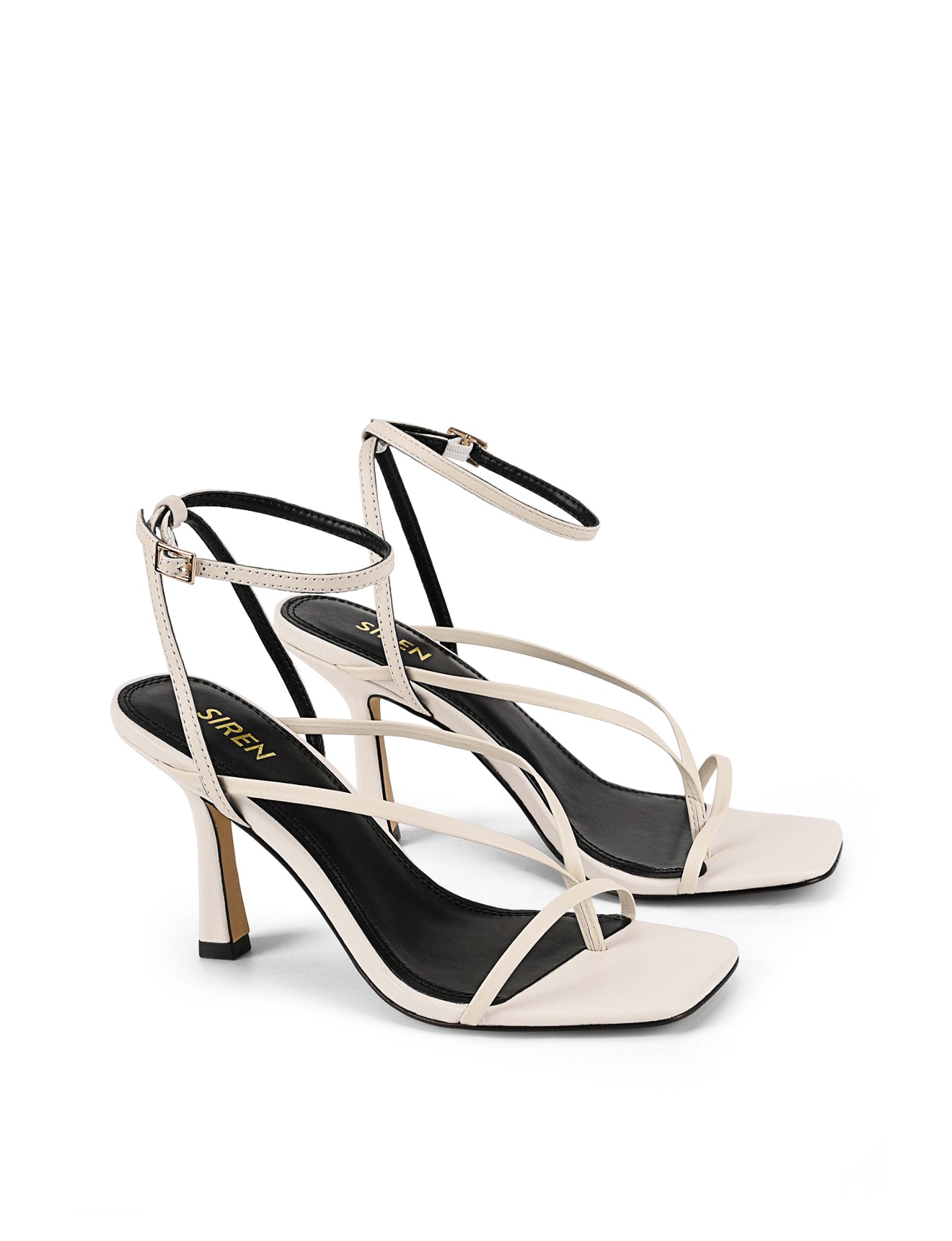 Women's white leather strappy thong heels with stiletto heel