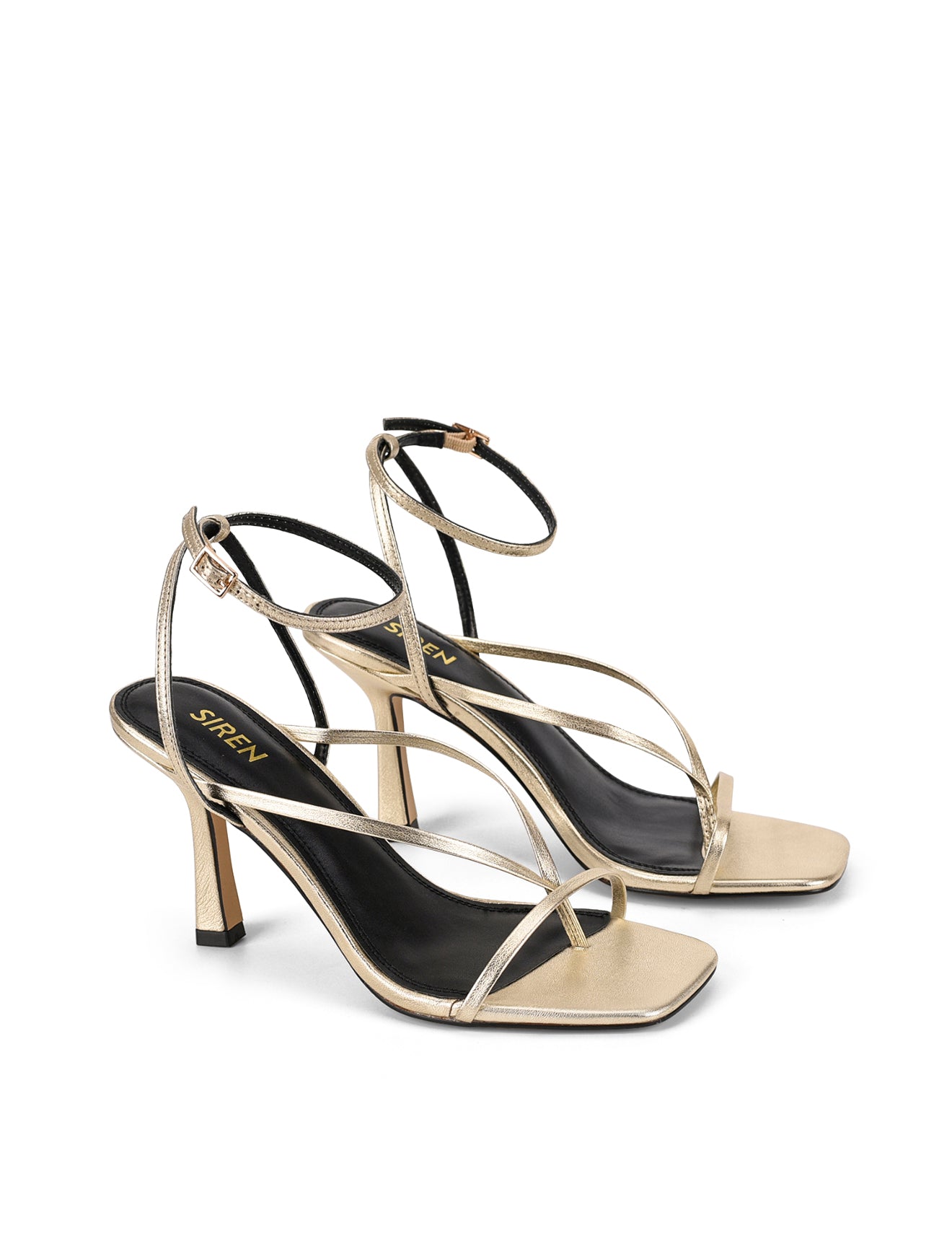 Women's gold leather strappy thong heels with stiletto heel