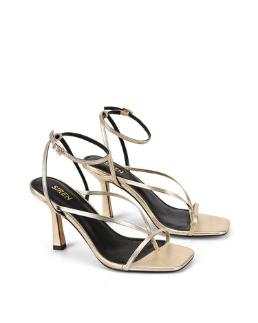Women's gold leather strappy thong heels with stiletto heel