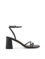 Women's black leather block heel strappy sandal with buckle fastening
