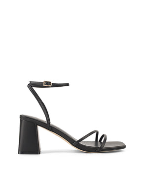Women's black leather block heel strappy sandal with buckle fastening