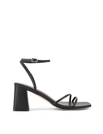 Women's black leather block heel strappy sandal with buckle fastening