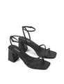 Women's black leather block heel strappy sandal with buckle fastening