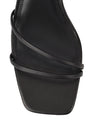 Women's black leather block heel strappy sandal with buckle fastening