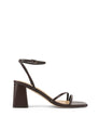 Women's chocolate brown leather block heel strappy sandal with buckle fastening