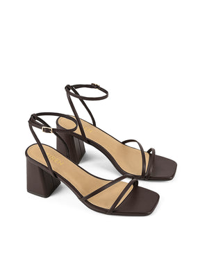 Women's chocolate brown leather block heel strappy sandal with buckle fastening