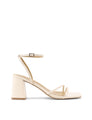 Women's cream white leather block heel strappy sandal with buckle fastening