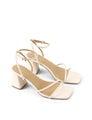 Women's cream white leather block heel strappy sandal with buckle fastening