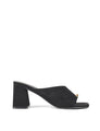 Women's block heel mule in black suede with metallic gold toe ring