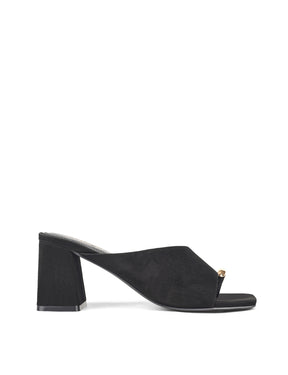 Women's block heel mule in black suede with metallic gold toe ring