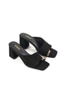 Women's block heel mule in black suede with metallic gold toe ring