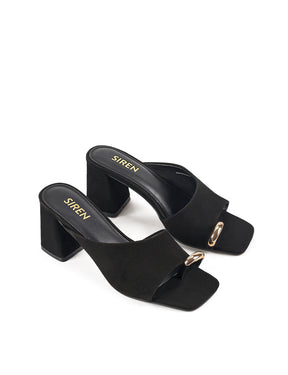 Women's block heel mule in black suede with metallic gold toe ring