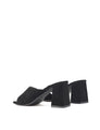 Women's block heel mule in black suede with metallic gold toe ring