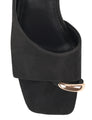 Women's block heel mule in black suede with metallic gold toe ring