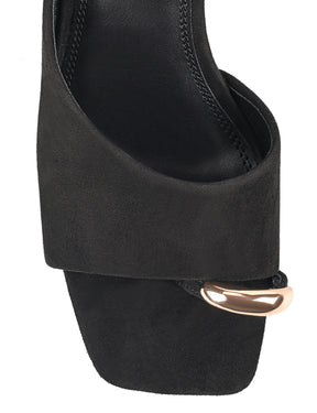Women's block heel mule in black suede with metallic gold toe ring