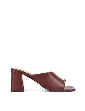 Wine open-toe sandal with a block heel with a gold toe detail