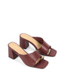 Wine open-toe sandal with a block heel with a gold toe detail