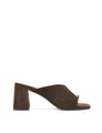 Women's Chocolate brown suede block heel mule with gold metallic toe ring