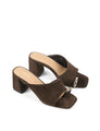 Women's Chocolate brown suede block heel mule with gold metallic toe ring