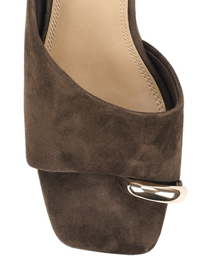 Women's Chocolate brown suede block heel mule with gold metallic toe ring