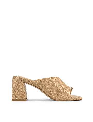 Women's woven raffia block heel mule with gold metallic toe ring