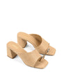 Women's woven raffia block heel mule with gold metallic toe ring