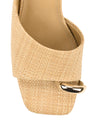 Women's woven raffia block heel mule with gold metallic toe ring