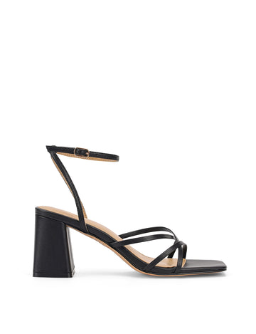 Women's black leather strappy block heels