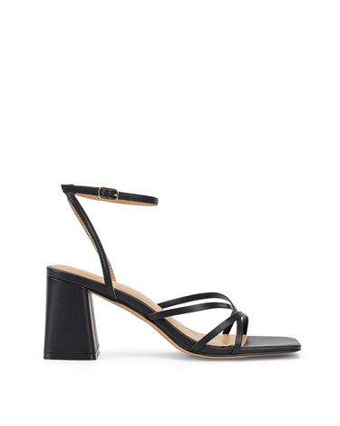 Women's black leather strappy block heels