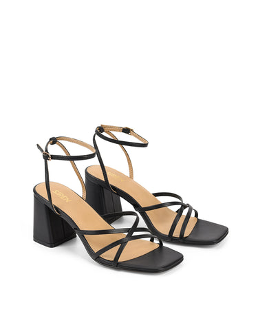 Women's black leather strappy block heels