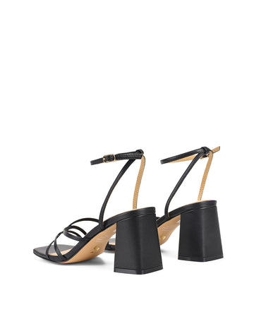 Women's black leather strappy block heels