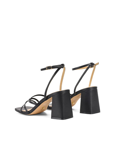 Women's black leather strappy block heels