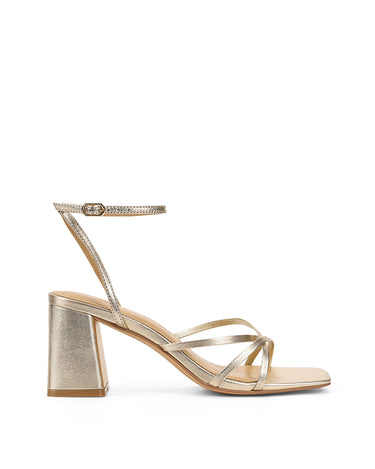 Women's gold metallic leather strappy block heels
