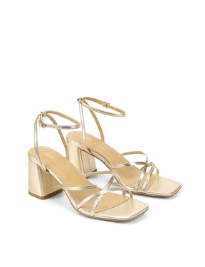 Women's gold metallic leather strappy block heels