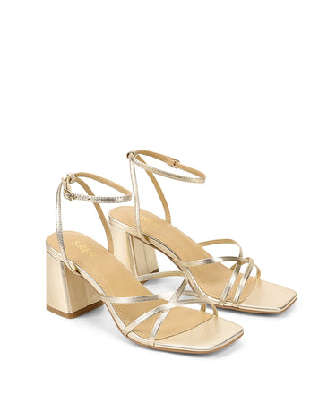 Women's gold metallic leather strappy block heels