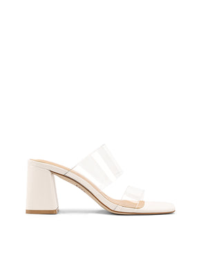 Women's chalk white leather block heel mule with vinylite upper and square toe finsih