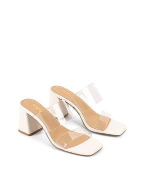 Women's chalk white leather block heel mule with vinylite upper and square toe finsih