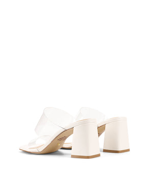 Women's chalk white leather block heel mule with vinylite upper and square toe finsih