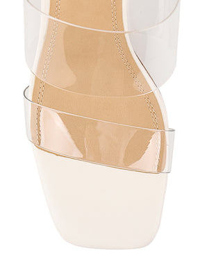 Women's chalk white leather block heel mule with vinylite upper and square toe finsih