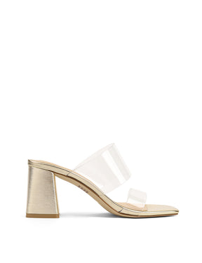 Women's gold leather block heel mule, with vinylite upper and square toe