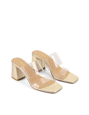 Women's gold leather block heel mule, with vinylite upper and square toe
