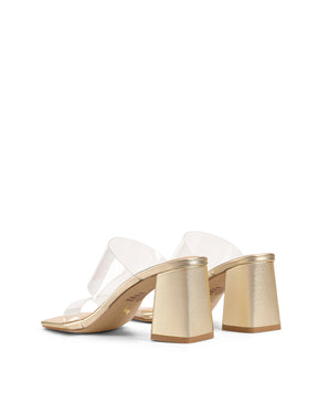 Women's gold leather block heel mule, with vinylite upper and square toe