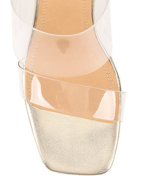 Women's gold leather block heel mule, with vinylite upper and square toe