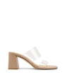 Women's block heel mule in nude leather with vinylite upper and square toe