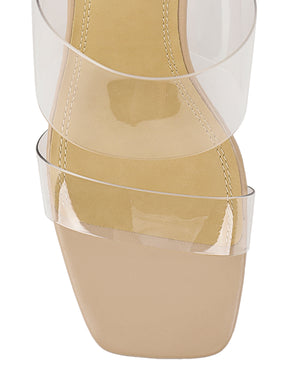 Women's block heel mule in nude leather with vinylite upper and square toe