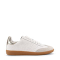 Women's white leather lace up sneaker with gold detail and contrasting sole