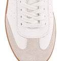 Women's white leather lace up sneaker with gold detail and contrasting sole