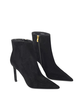Women's black suede leather ankle boot with stiletto heel and pointed toe