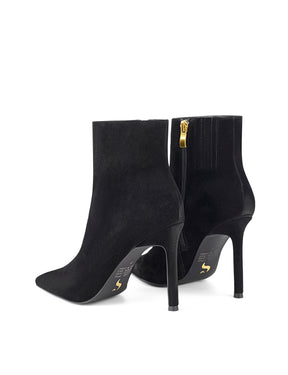 Women's black suede leather ankle boot with stiletto heel and pointed toe